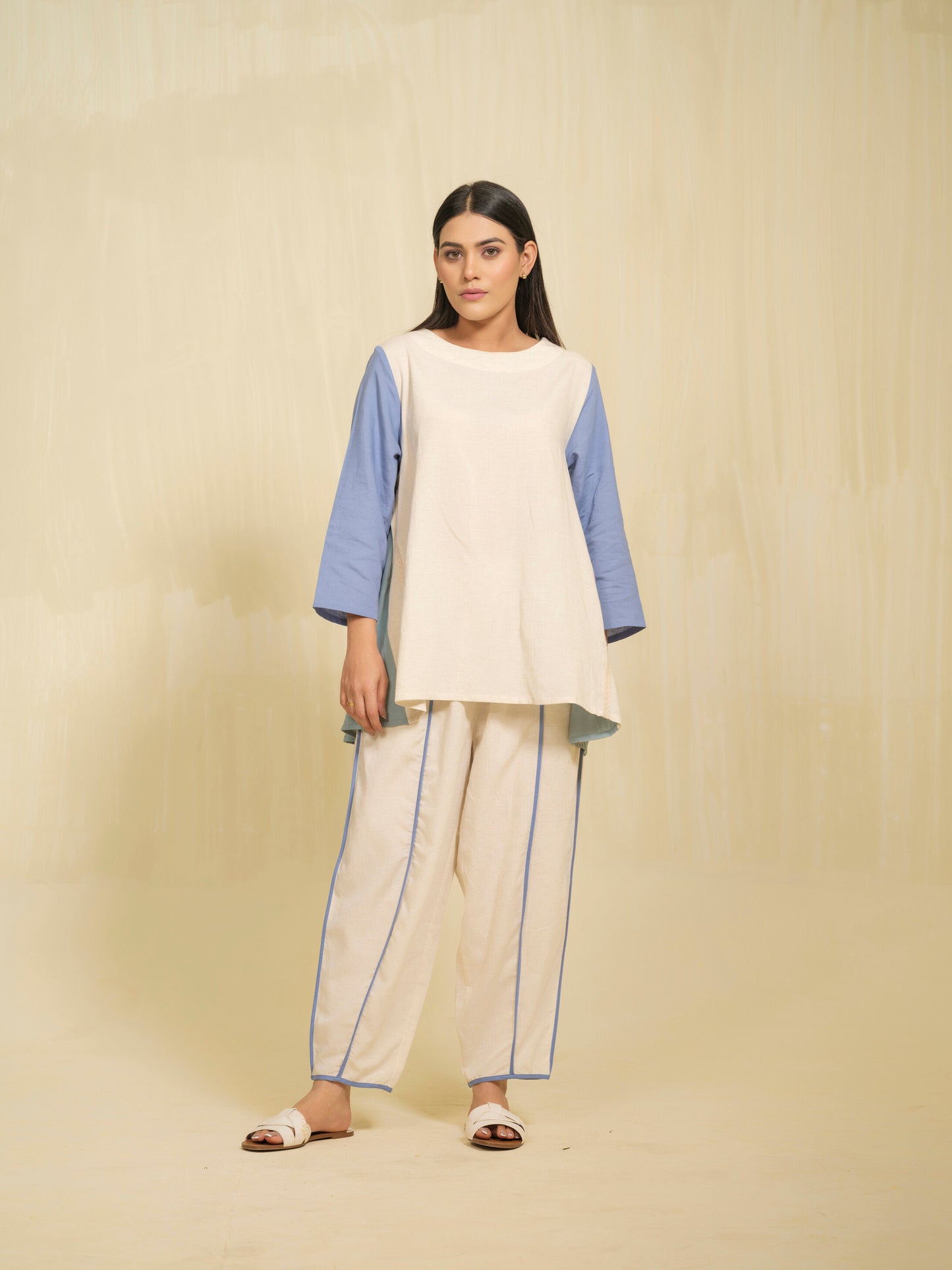 Breezy Blue & White Color Block Co-ord Set