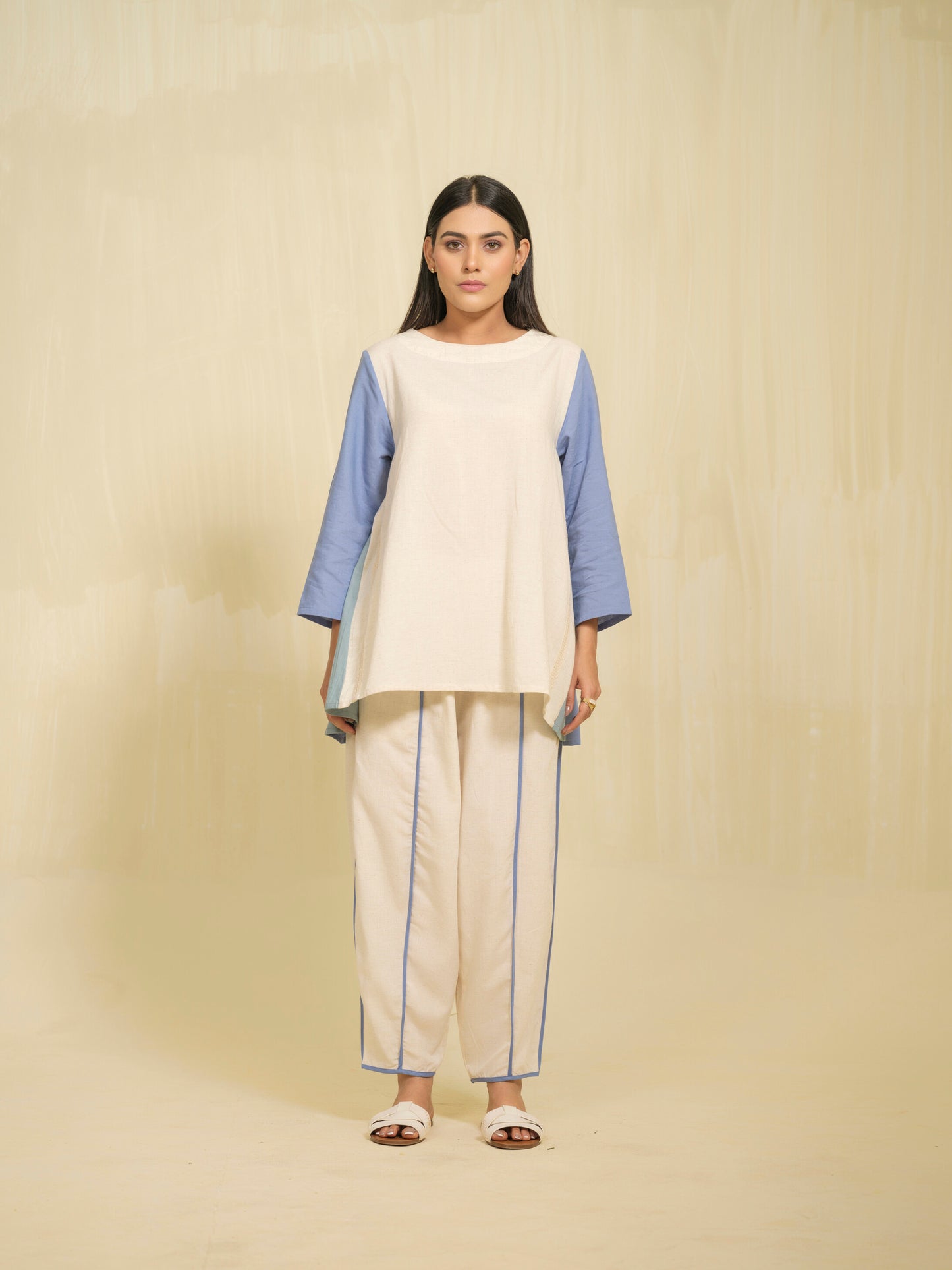 Breezy Blue & White Color Block Co-ord Set