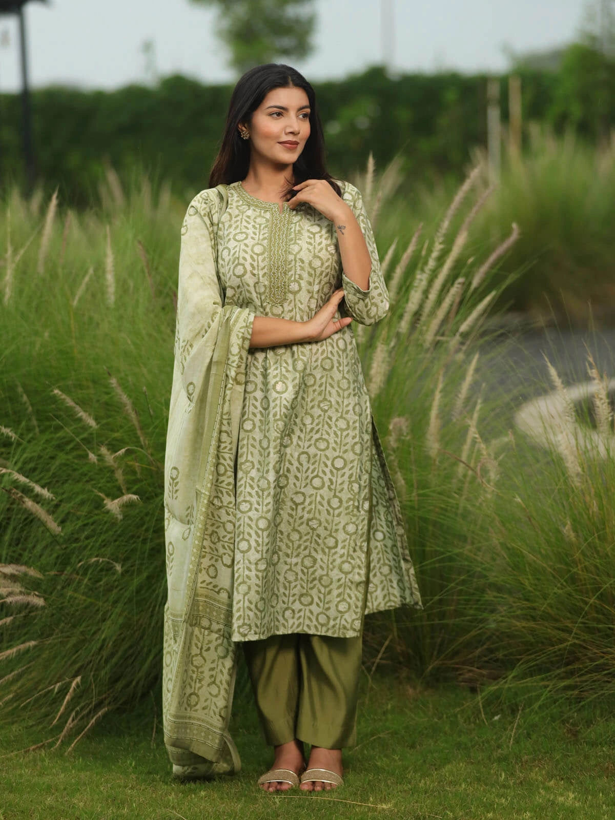 Block Printed Green Suit