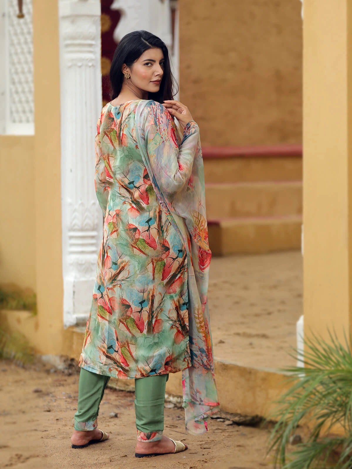 Green Hand-Painted Floral Suit
