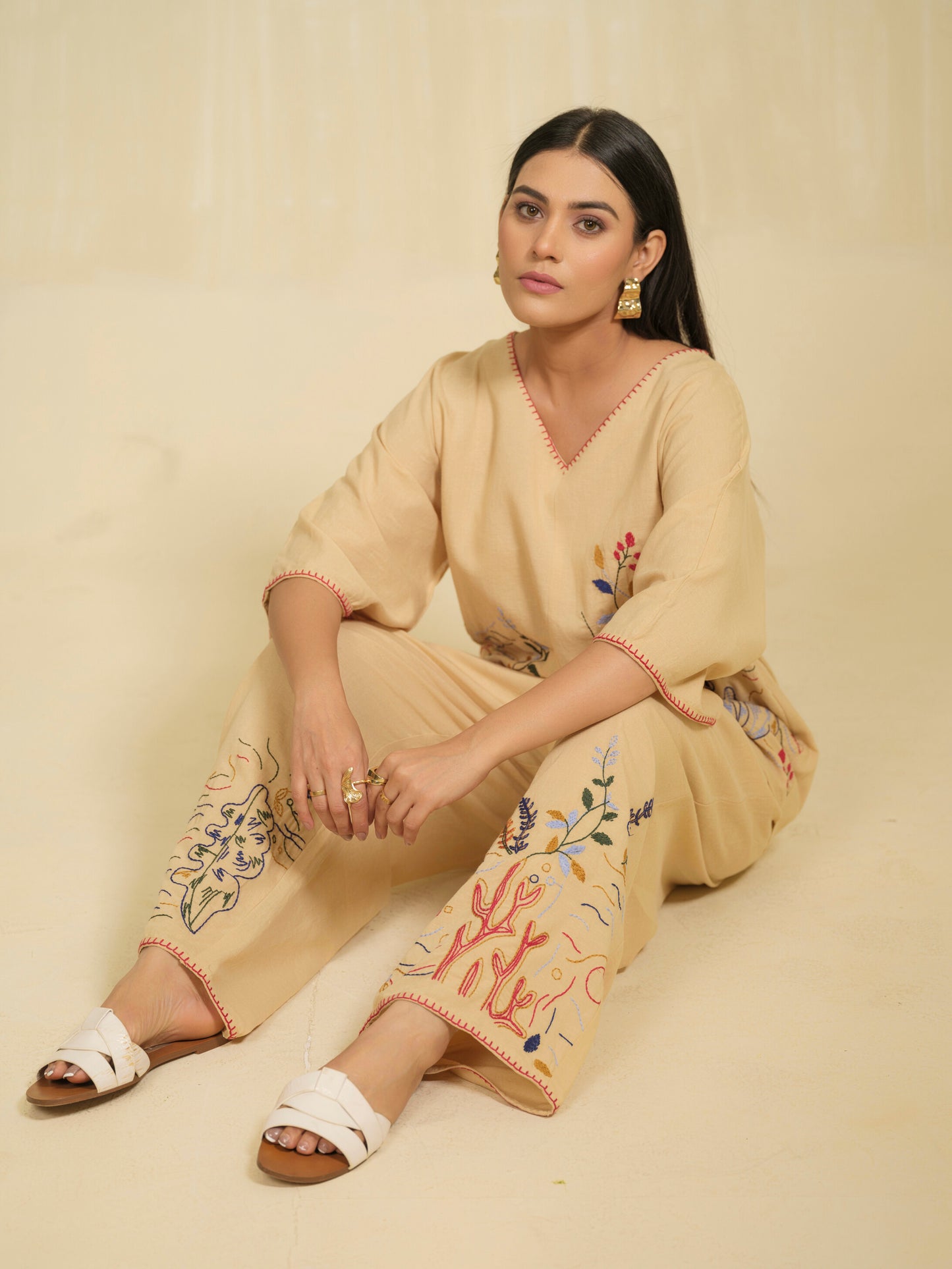 Sundown Dreams Embroidered Beige Co-ord Set