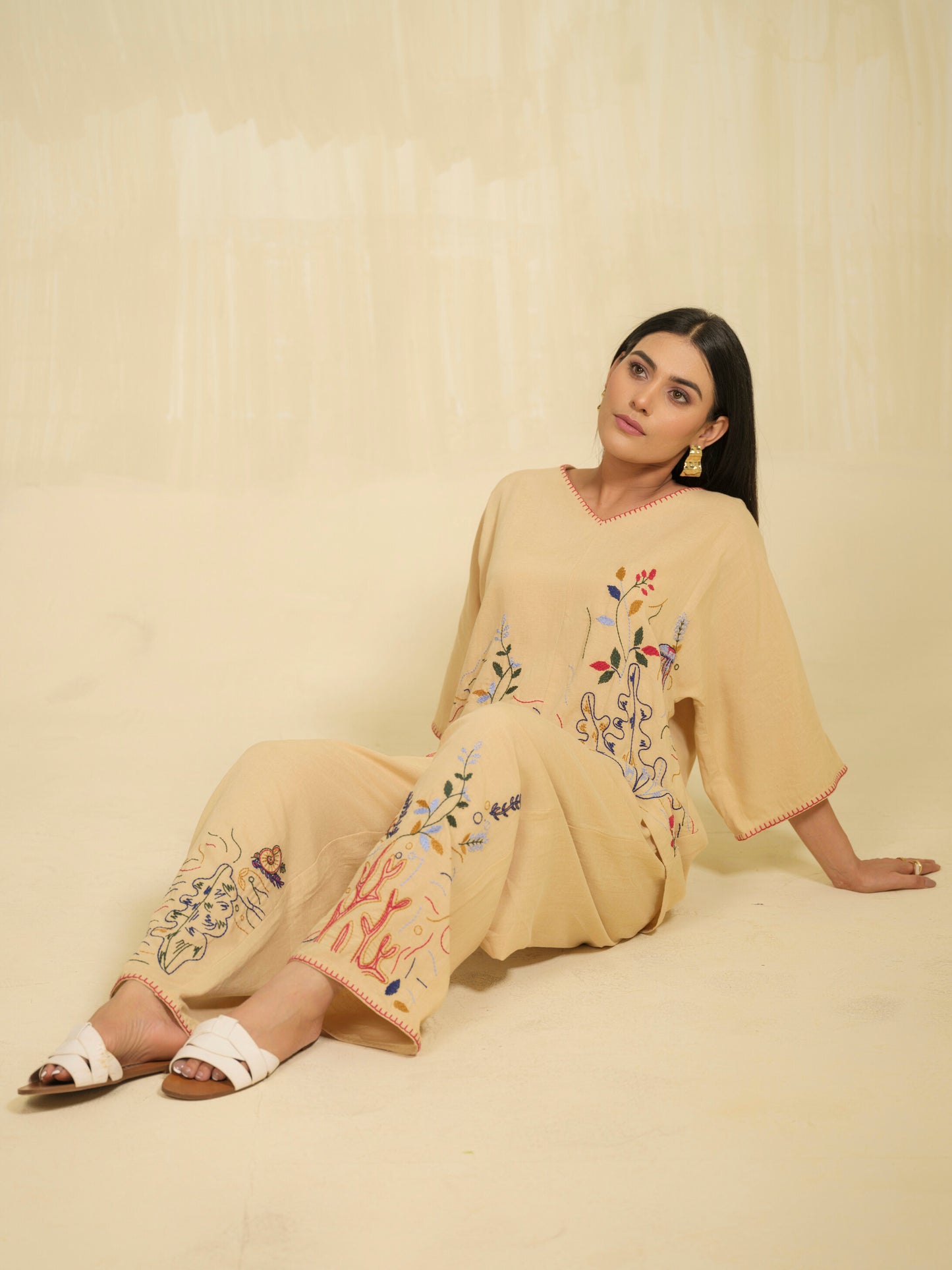 Sundown Dreams Embroidered Beige Co-ord Set