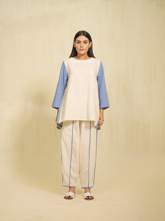 Breezy Blue & White Color Block Co-ord Set