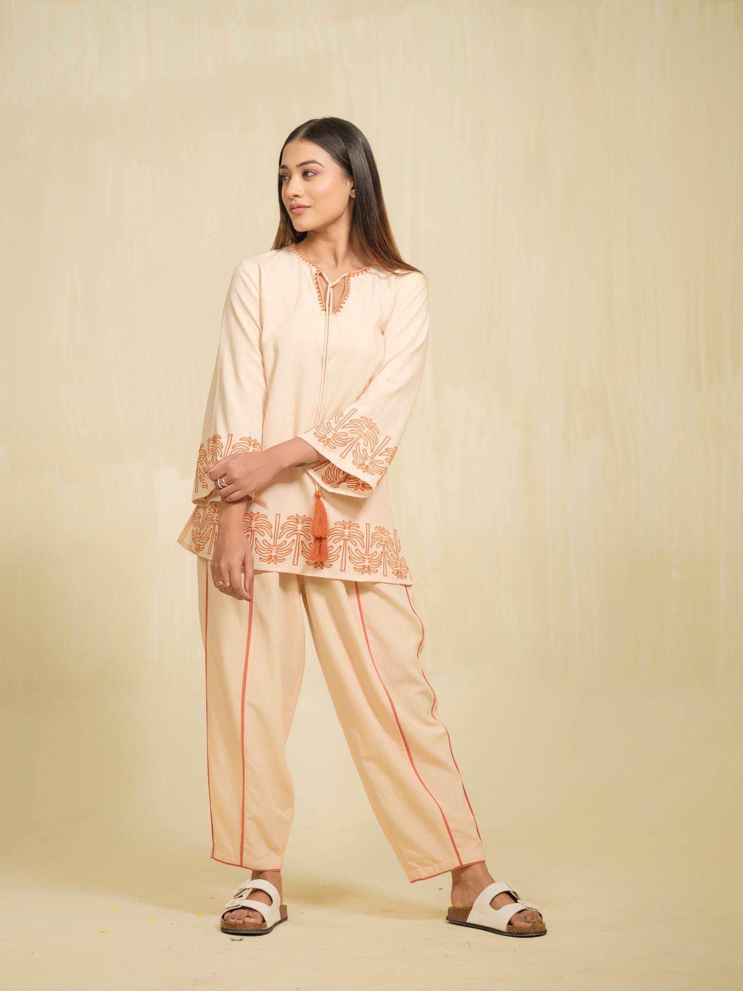 Embroidered Beige Co-ord Set