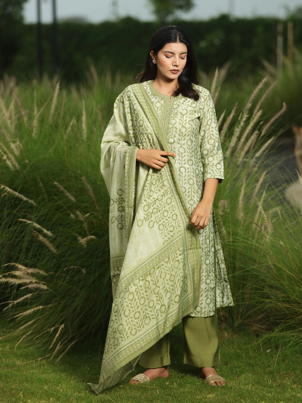 Block Printed Green Suit
