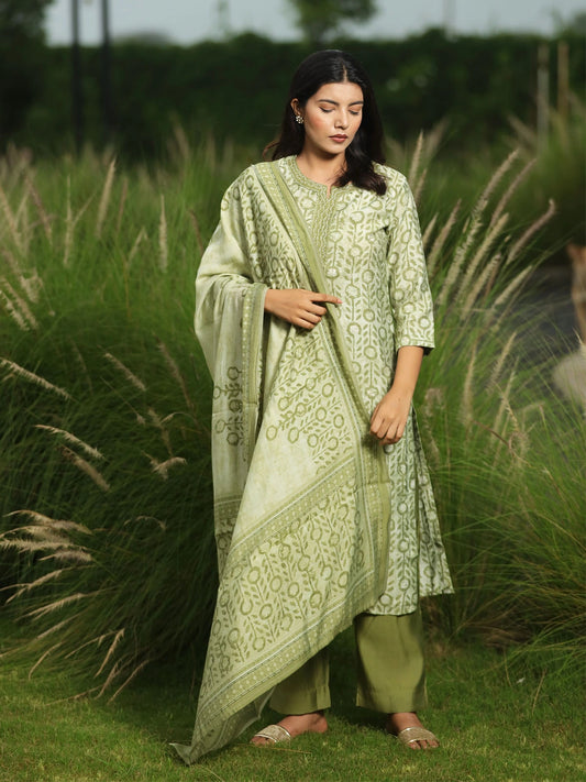 Block Printed Green Suit