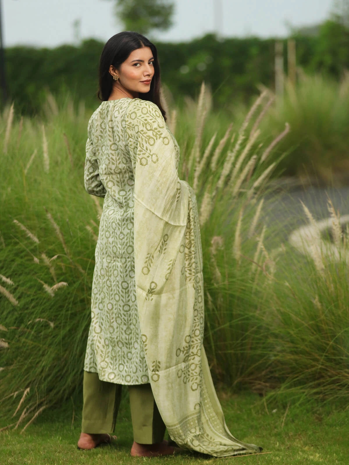 Block Printed Green Suit