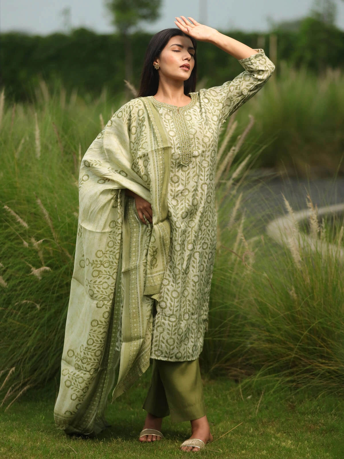 Block Printed Green Suit