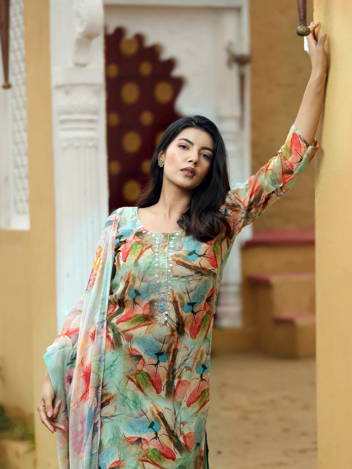 Green Hand-Painted Floral Suit