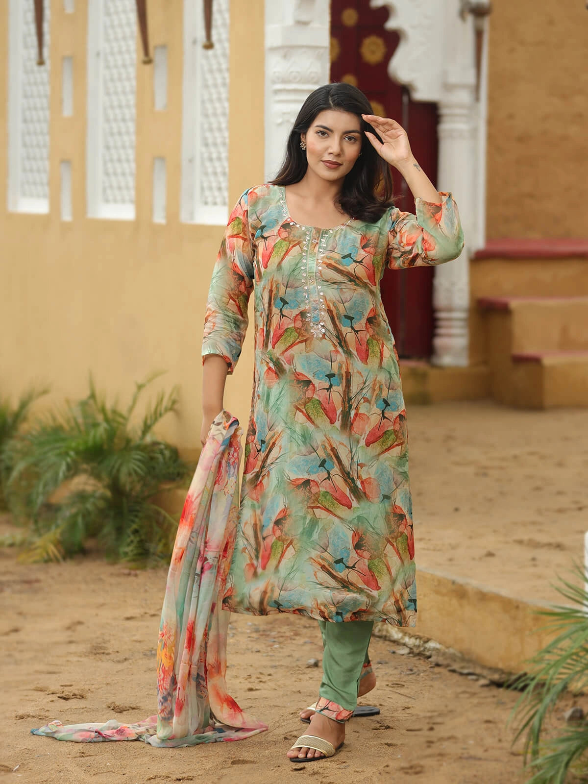 Green Hand-Painted Floral Suit