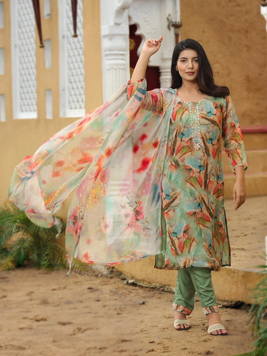 Green Hand-Painted Floral Suit